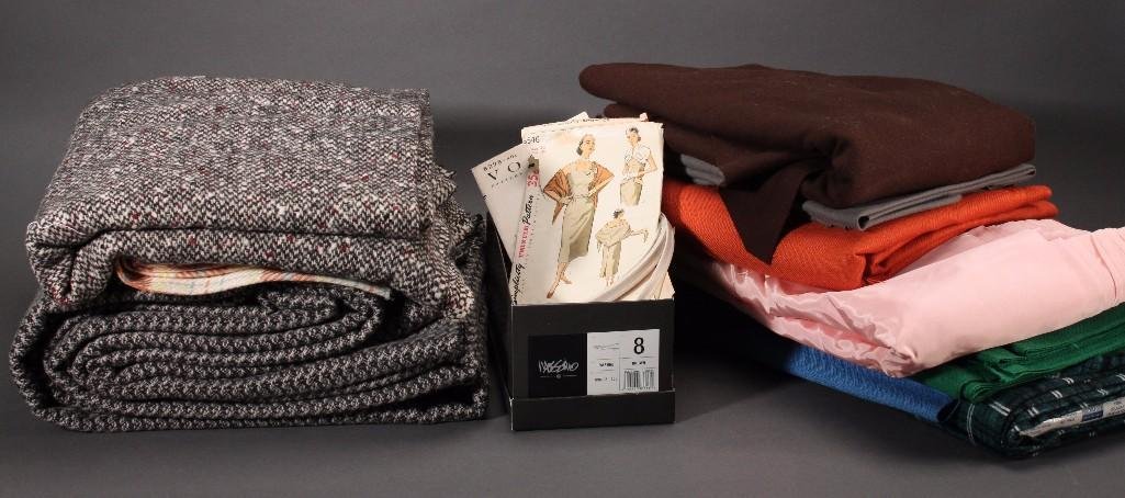 Vintage Fabrics: Several Yards ofWool Plaid Fabric, Multicolored Tweed Fabric, Linen Fabric, Poly-SatinFabricSewing Patterns, Zippers,Seam Binding, Scissors, and much more.