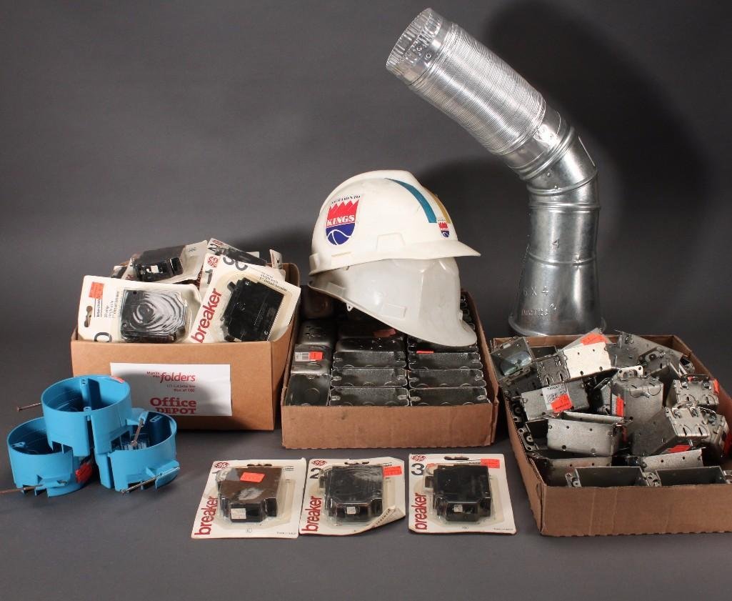 Breakers, Helmets, and Hardware: General Electric Breakers, 15, 20, 30amp. Single Pull 1-inch. Steel City Electrical Box. Safety Helmets, 6" x 4" Metal Duct, and more.