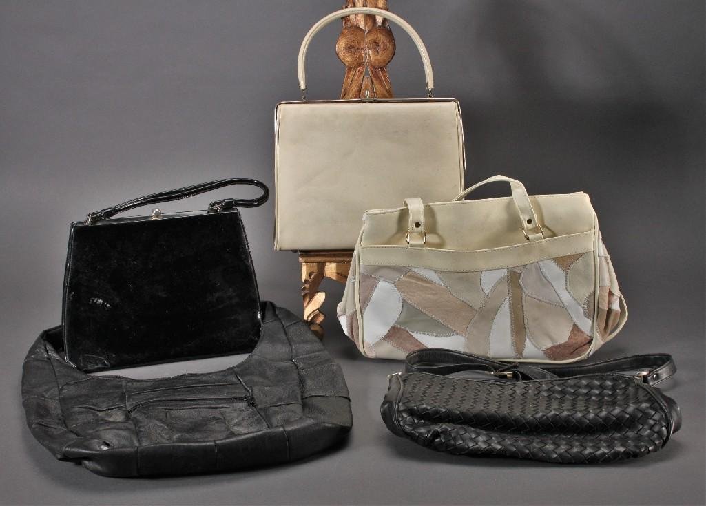 Vintage Purses (5): Susan Reed black leather purse, Theodore clutch style purse, tan patch design purse, and more.