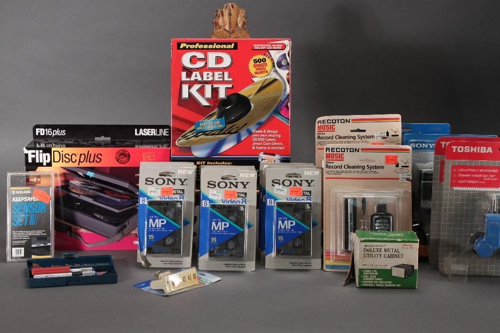 Office Supplies: CD label kit, GE headset radio, deluxe metal utility cabinet, record cleaning system, and much more,
