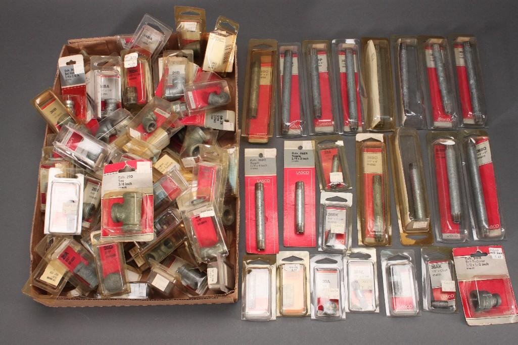 Galvanized Pipe Fittings: Lasco 1/4'' x 4'' nipple, galvtee 3/8'', 30A 1/8'', 1/8'' 90 degree ell, Galv34FA bell reducer 1/2'' x 1/8'', and more. All items are new in originalpackaging.