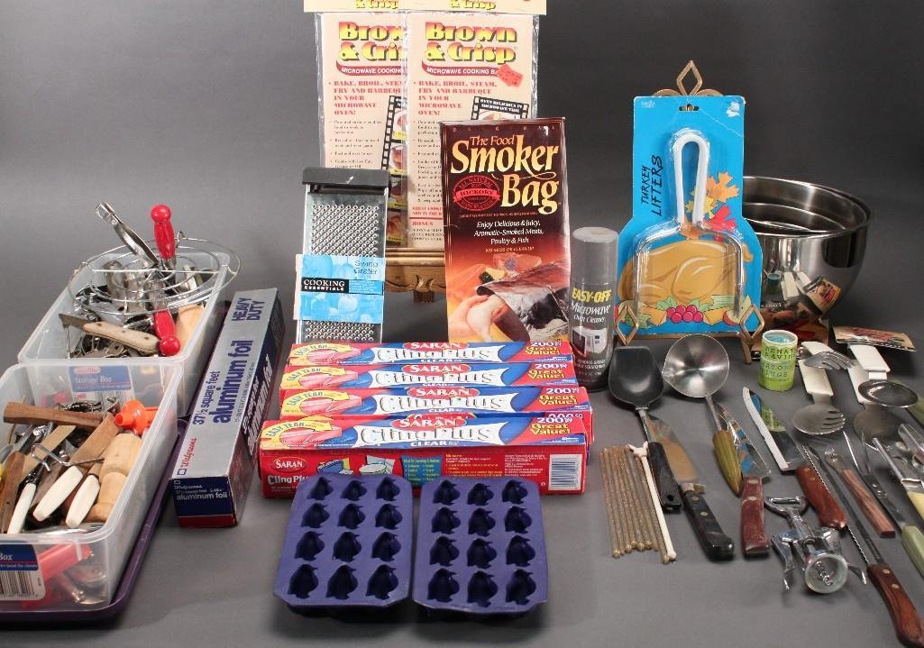 Home Goods: CAN NOT BE SHIPPED. MUST BE PICKED UP!!!! Four rolls of Saran cling plus wrap, roll of aluminum foil, microwave oven cleaner, ice trays, utensils, bowls, and much more.