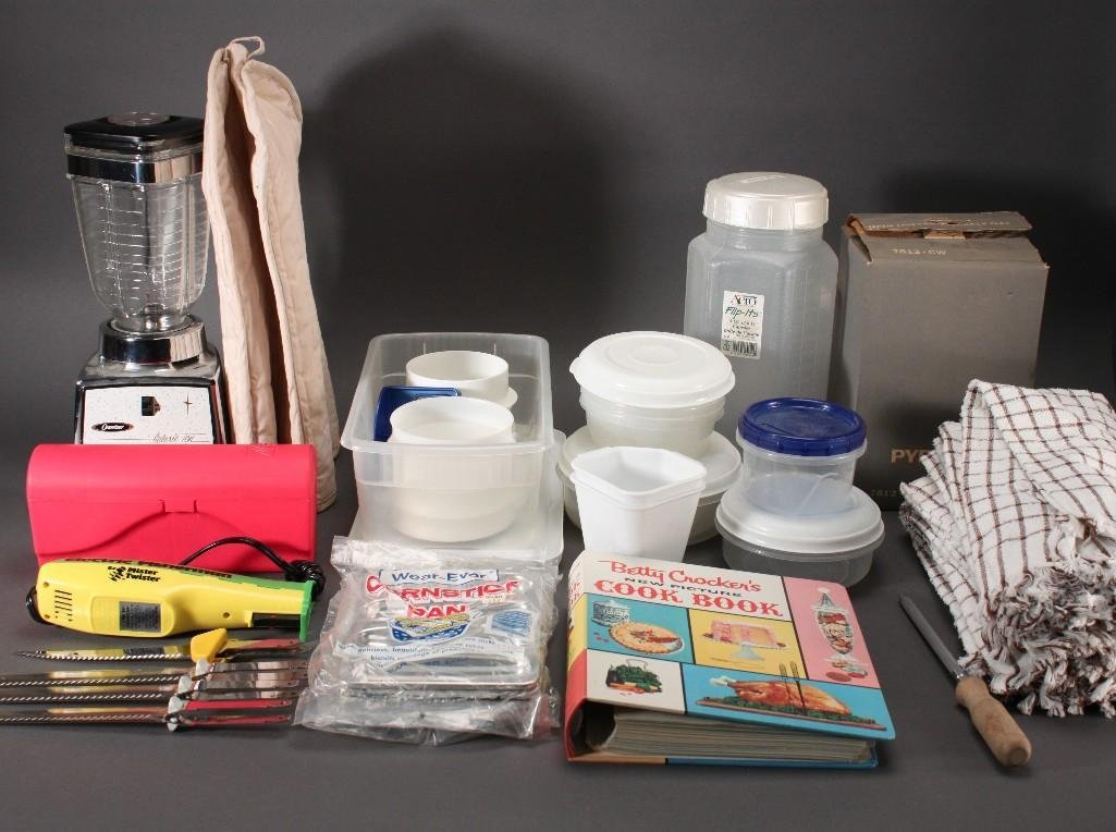 Kitchenware: 4 qt canister, storage containers, dinner mats, Betty Crocker cook book, blender, and more.
