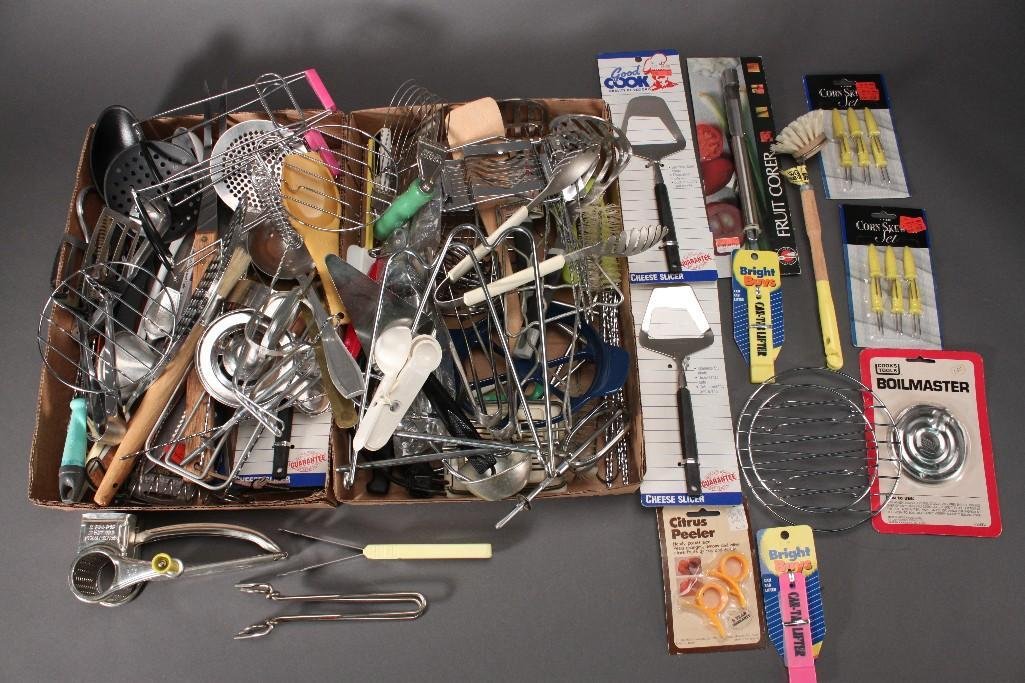 Vintage Kitchen Utensils: Can tab lifter, tongs, pie slicer, cork skews, graters, egg cutter, mixing spoons, and much more. 30+