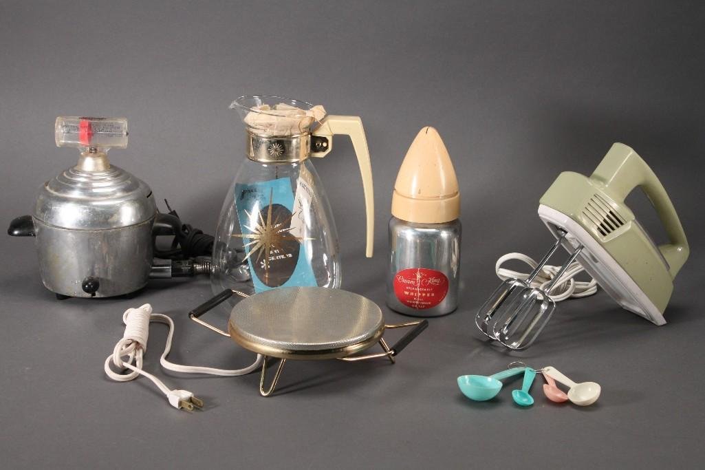 Vintage Kitchenware: Cream King whipper, new18kt gold plated StarburstCarafe, GE hand mixer, and more. All items are in good condition or new.