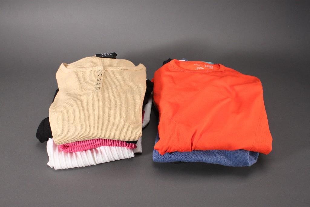 Ladies Sweaters and Tops (10): Ship n' Shore Large Green Sweater, Basic Edition short sleeve small blue sweater, Faded Glory large black Cardigan, Whitestaglarge sleeveless sweater, and more.