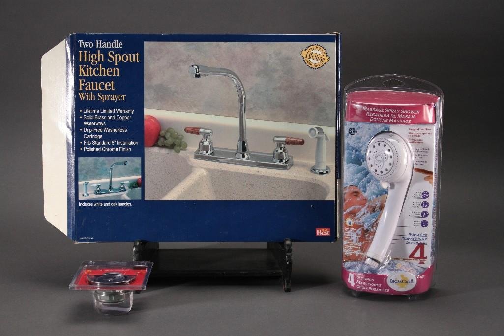 Kitchen & Shower Supplies (3): Two handle high spout faucet (NIB), Do It 2" sink strainer, and a Brass Craft 4 setting massage spray shower (NIB)
