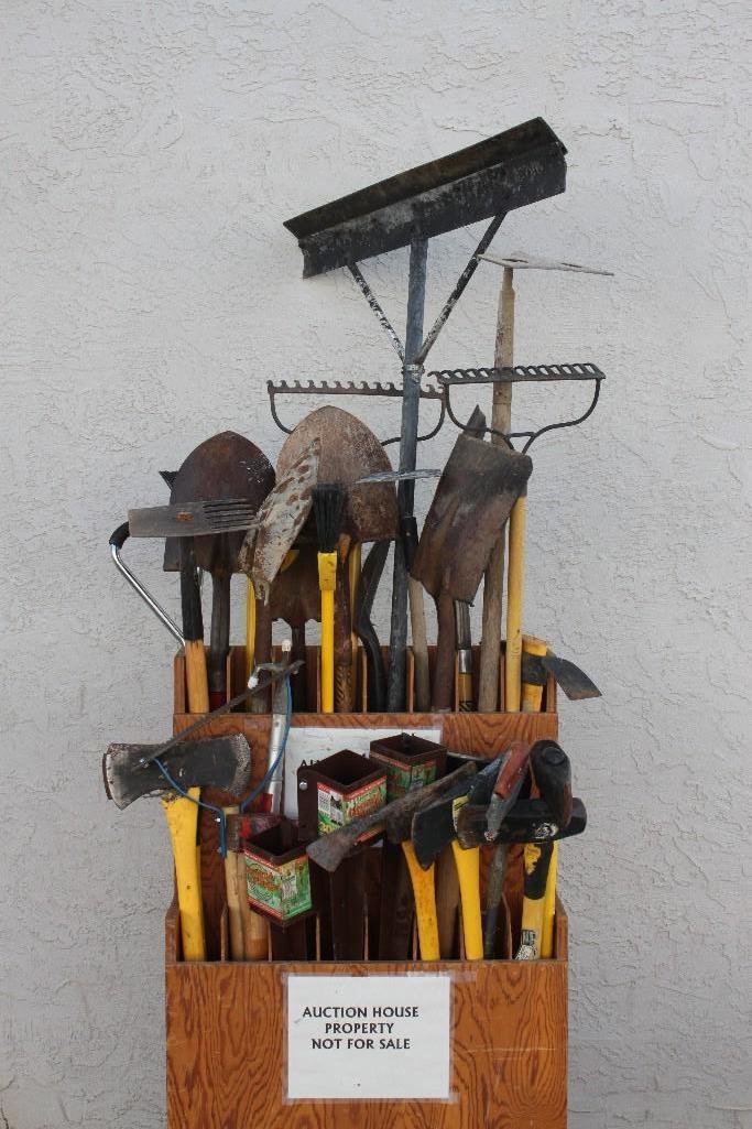 Garden Tools: Large lot includes 30'' medium ground master, brooms, shovel, rake, axe, and more.