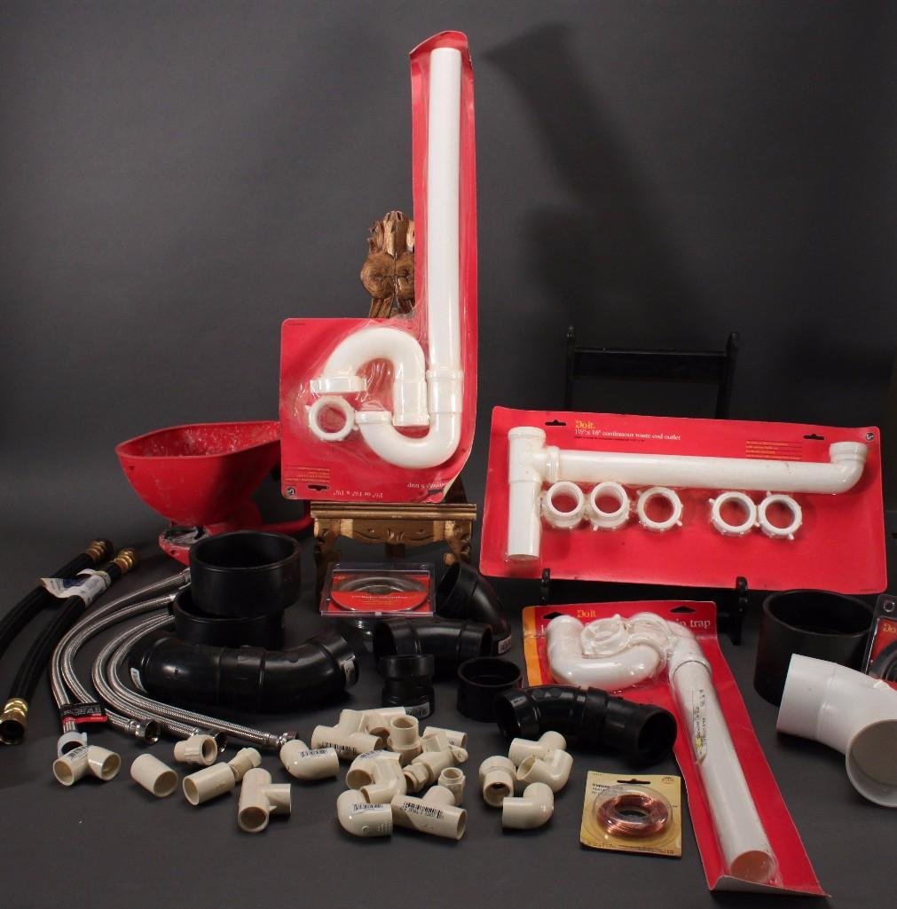 Plumbing Hardware: Do it waste outlet end (1.5''x16''), Master Trap STrap (1.25''x1.5'') stainless steel braided water supply 20'', Do it 3.5'' basket sink strainer, and much more.