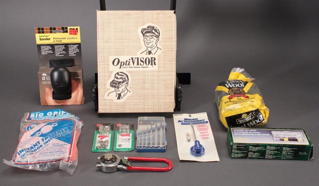 Household Items: OptiVisor Headset, Screwdriver set, Handymans 15pc Tool Set, Hand Ease sander, and more.