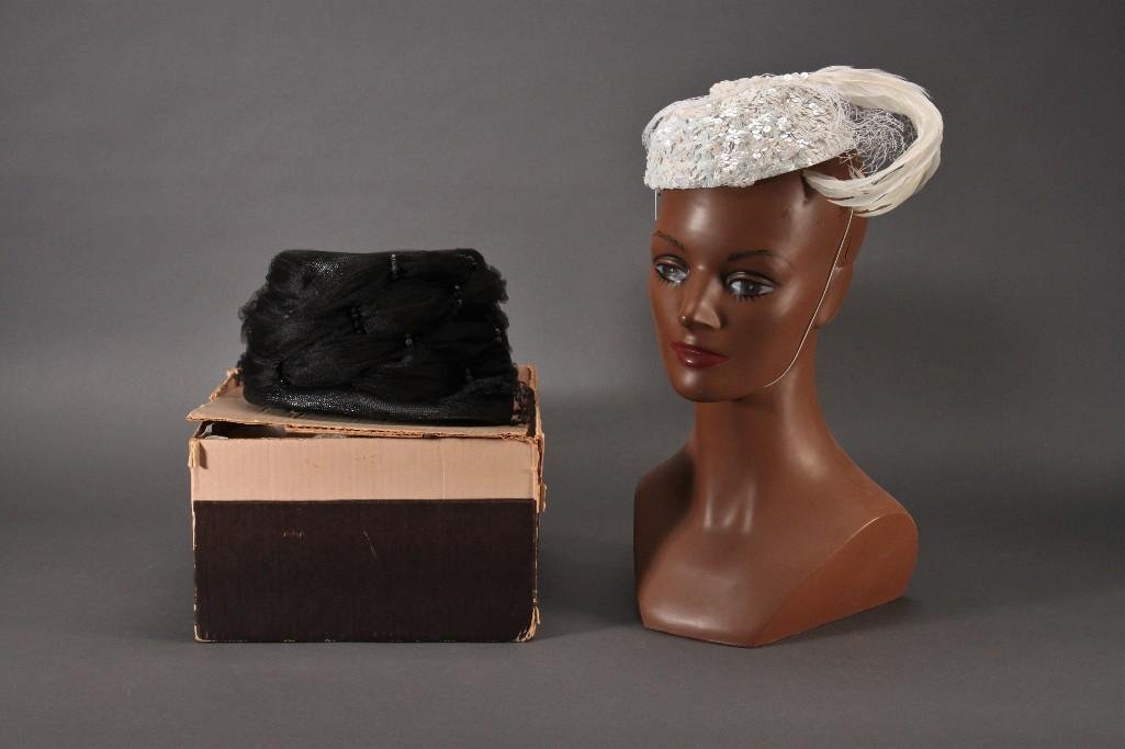 Vintage Ladies Hats (3): Ladies white sequined hat with netting and feather, in good condition.Black hat with netting and bead accents Designed by Patrice and marked 22 in good condition. Includes The White House hat box (lid