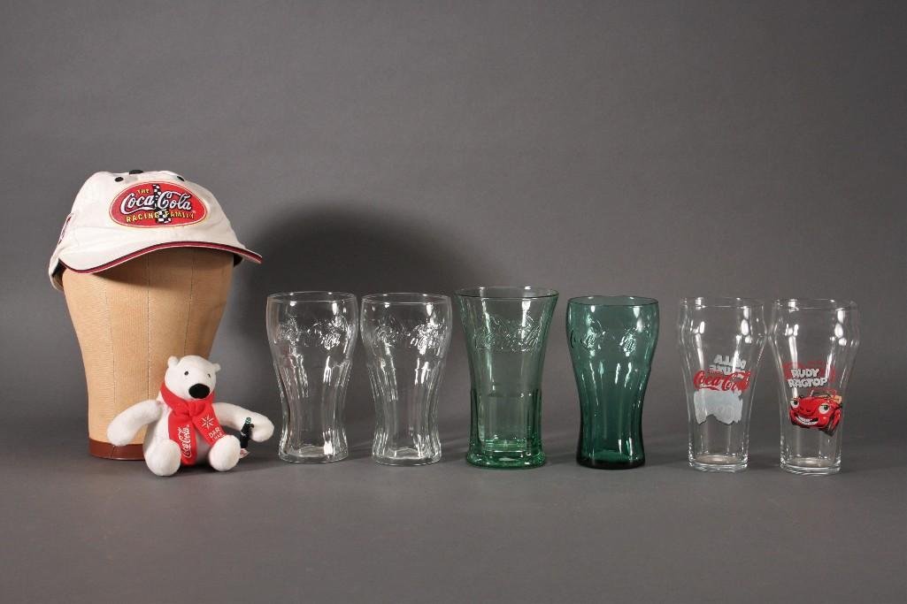 Coca-Cola Collectibles (8): 2003 Coca-Cola Nascar Racing Family 45 hat, plush polar bear marked Dar Amar Vivir, six glasses:two green glasses, two clear glasses, Rudy Ragtop and Della Deluxe glasses.
