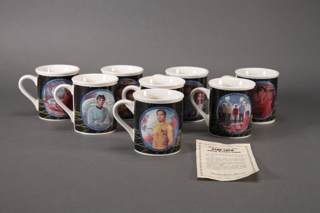 Star Trek Mug Collection (8): Various characters from Star Trek including Scotty, Sulu, Dr. McCoy, and more. Marked artwork created by Susie Morton, copyright 1966, 1986. Good condition.