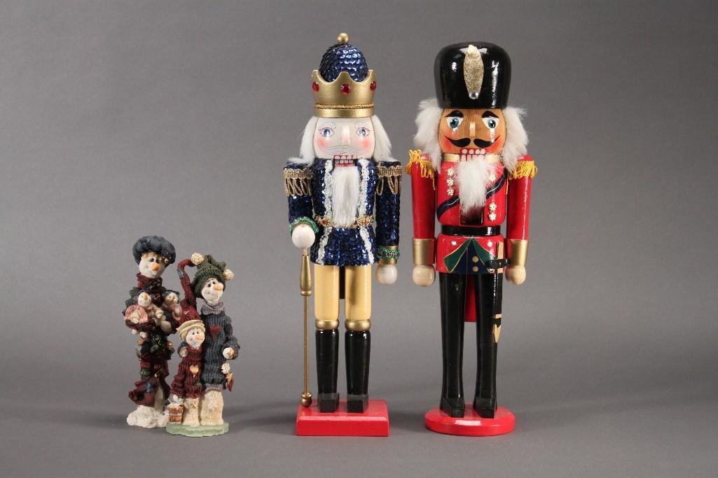 Christmas Nutcrackers & Figurines (4): One nutcracker with blue sequin outfit is 15" tall, a 14.5" tall soldier nutcracker, (2) Boyds Bears & Friends from the Folk Ston Collection snowman figurines 7" tall