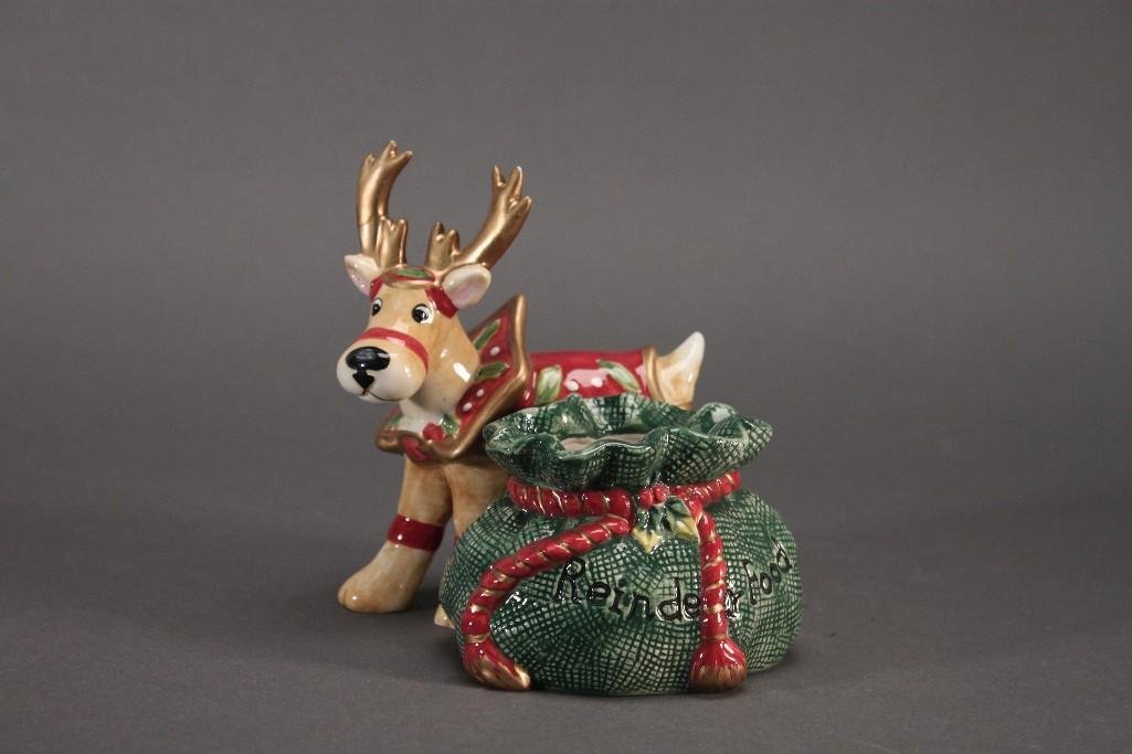 Fitz and Floyd Deer Santa Figurine: Hand Crafted China, minor wear on antlers otherwise in good condition, measures 5" tall.