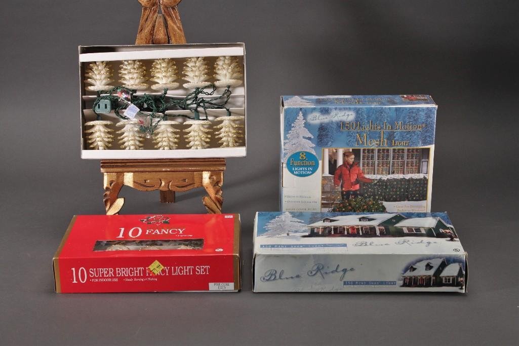 Christmas Lights (4): Twosuper bright fancy light sets (style: pine cone gold), Blue Ridge 150 lights in motion (mesh lights), and a box of Blue Ridge 150 mini swag lights. All items are new in original packaging.