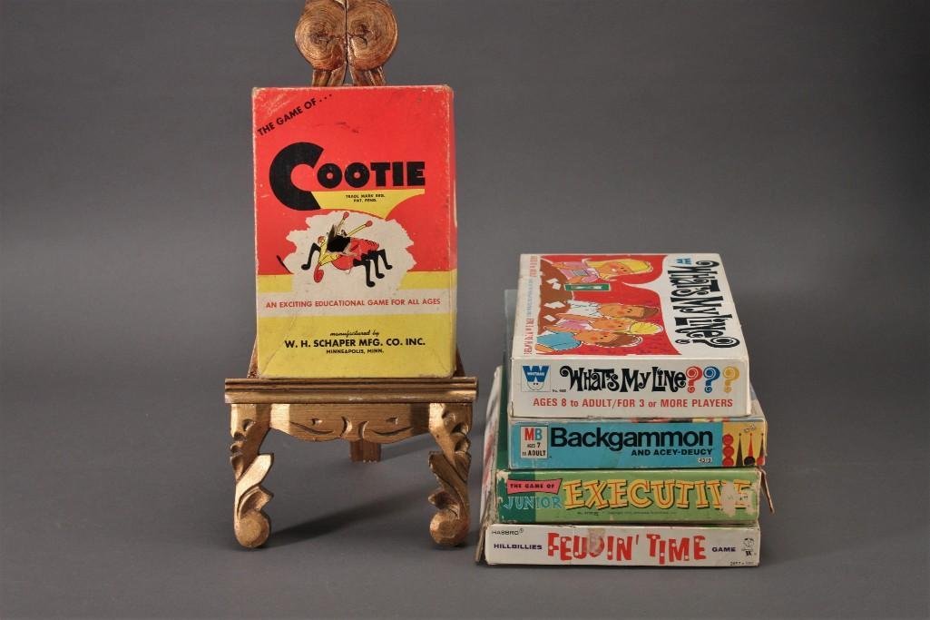 Vintage Board Games (5): The Game of ''Cootie'', What's My Line, Backgammon, The Game of Junior Executive, andFeudin' Time.