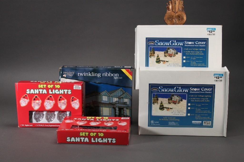 Christmas Lights and Decor (5): Two brilliant SnowGlowsnow covers, Holiday Time 150 count twinkling ribbon light set, two sets of 10 Santa Lights, all items new in original packaging.