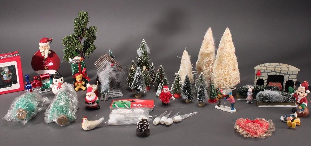 Christmas Decor: Icicle light covers, Limited Edition 1996 World of Christmas Letter to Santa ornament, Walt Disney Mickey Mouse ornament, bush, tree, and home figurines.