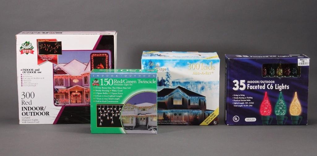 Indoor/Outdoor Christmas Lights (4): 300 Red indoor/outdoor Garland miniature lights, 35 Faceted C6 Lights, 300 IceicleAdd-A-Set lights, and 150 red/green twincicle miniature light set, all are new in box