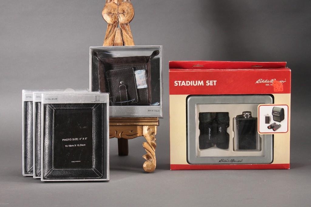 Picture Frames and Stadium Set (5): Three 4x6'' black picture frames, leather snap valet tray, and an Eddie Bauer stadium set. All items are new in box.