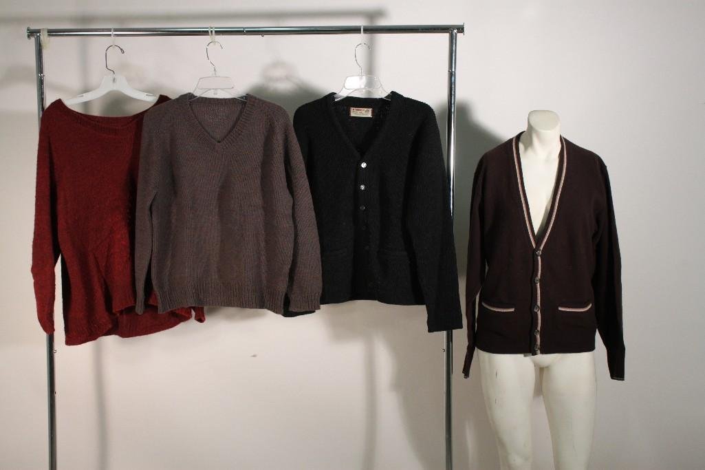 Ladies Vintage Sweaters (4): Lambs wool brown v neck button sweater size 38, Mc Greggor button sweater size medium, (2) with designer not indicated