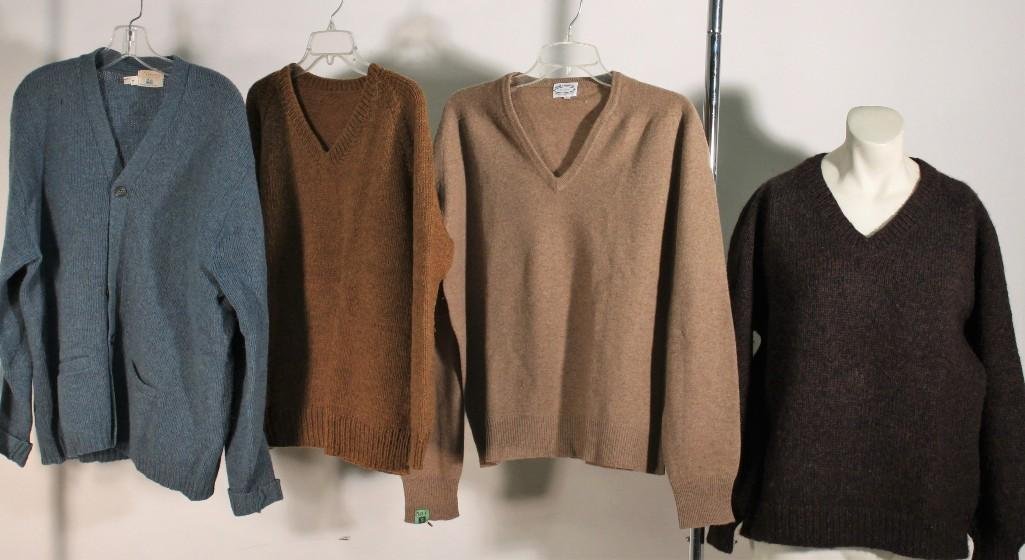 Vintage Sweaters (4): Brown Vneck sweater, D Alonzo sweater size L, Mustard color sweater no designer indicated, & a Vaughn at SatherGate size L,