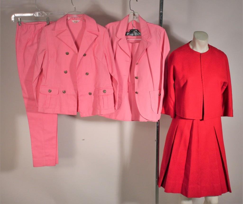 Ladies Vintage Suit Sets (3): Red jacket and skirt set, size not listed; Loongyoongpink blazer and pant set, size medium, in good condition; pink skirt and blazer set, size and designer not listed, in good condition.