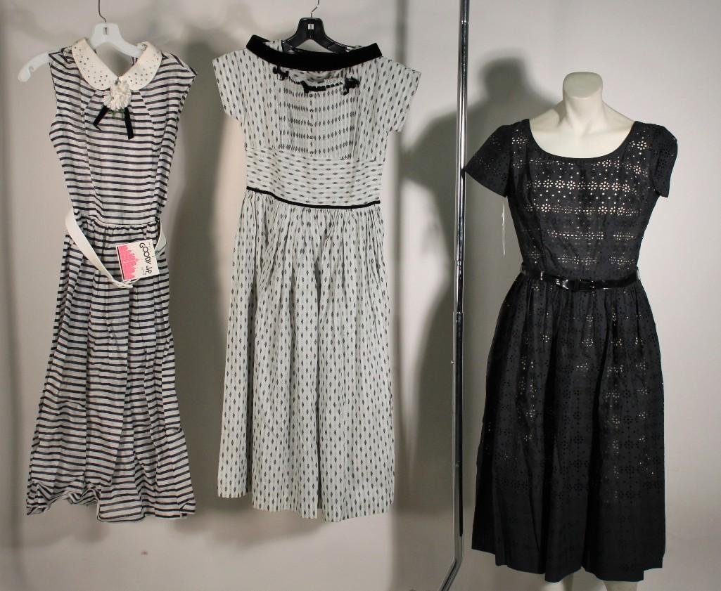 Designer Vintage Dresses (3): Wendy Hill originals white dress with belt size 14, Goody Juniors blue and white striped dress size 13 NWT, L'aiglonblack dress size 12 NWT.