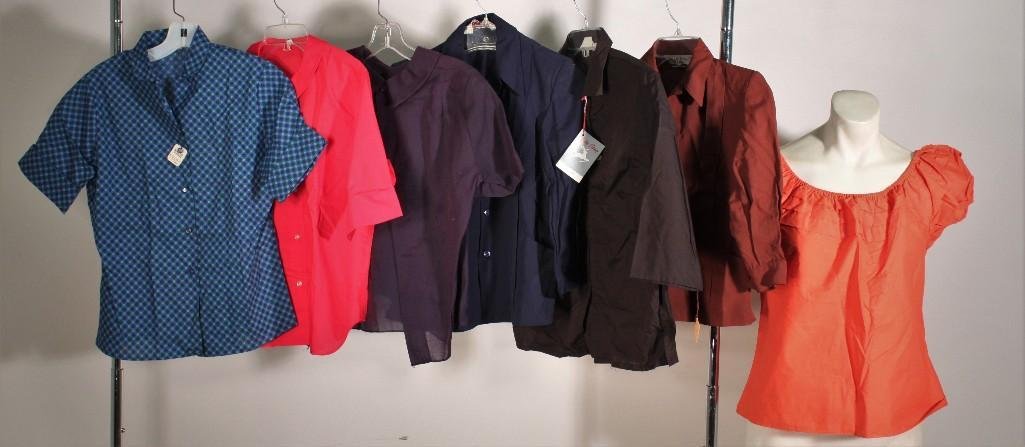 Ladies Tops and Blouses (7): Norton Bruce Casuals button up shirt size 8 (NWT), White Stag shirt size 12 (NWT), Norton Bruce Casuals navy button shirtsize 10 (NWT), Red button shirt size 14 (NWT), Craft Girl shirt size 32, and mo