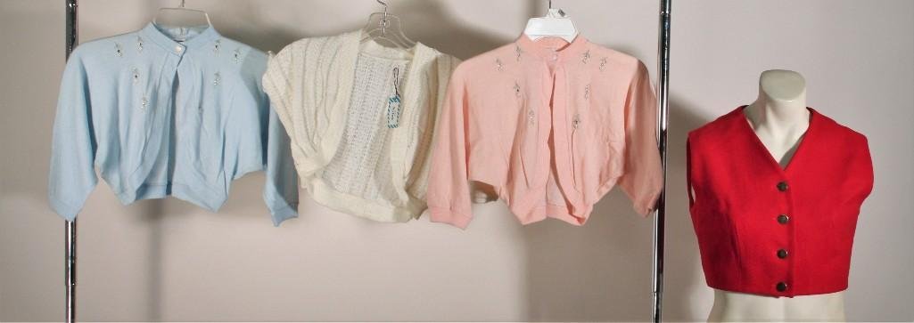 Ladies Vintage Cropped Sweaters & Vest (4): Red half vest with gold tone button (no size or designer indicated), Young Stars blue & pink beaded half sweater both are size large, and a nylon half sweater (NWT)