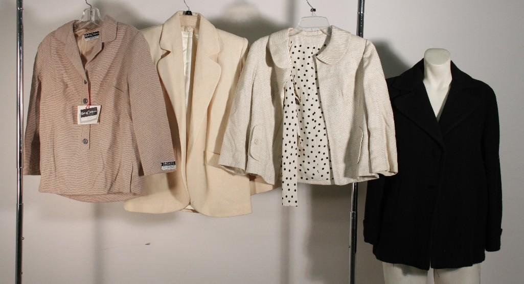 Women's Vintage Blazers (4): Devonbrook Blazer, size not listed, Koreet of California wool blazer size 11/12 NWT, black blazer size and designer not listed, Vaughn-At-Sather Gate cream blazer with minor stains.