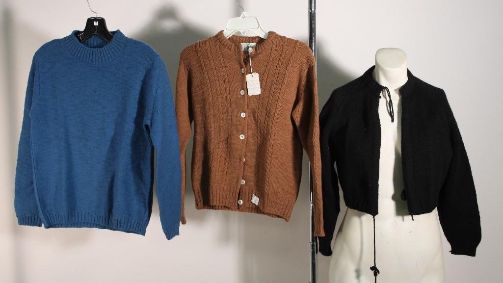Women's Vintage Sweaters (3): Black half-sweater size and designer not listed, Brown Ladybug virgin wool sweater size 36 NWT, Blue Ladybug virgin wool sweater in good condition.