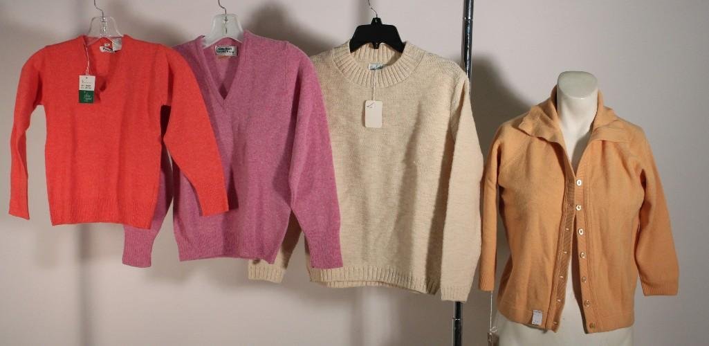 Ladie's Vintage Sweaters (4): Tan Ladybug sweater size 38 NWT, Purple V-neck RoosBroslambs wool sweater size not listed in good condition, Roos Bros v-neck sweater size 8 NWT, Koret of California buttonup sweater size 36 NWT.