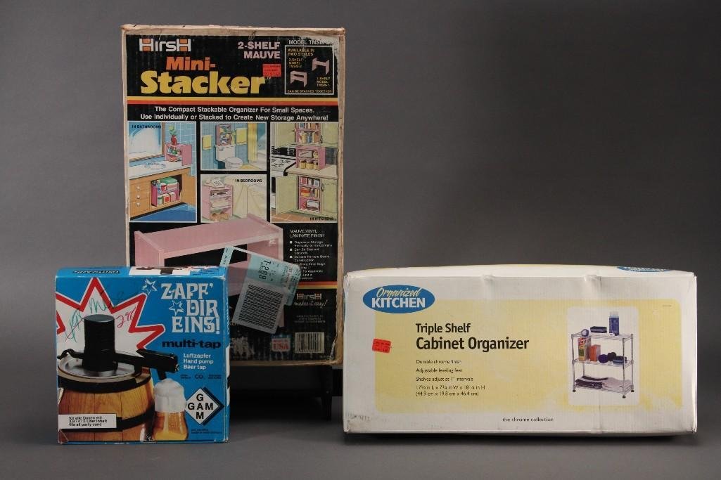 Home Goods (3): Hirsh2 shelf mini stacker, Organized kitchen cabinet organizer, and a ZapfDir Einshand pump beer tap. All items are new in original packaging.