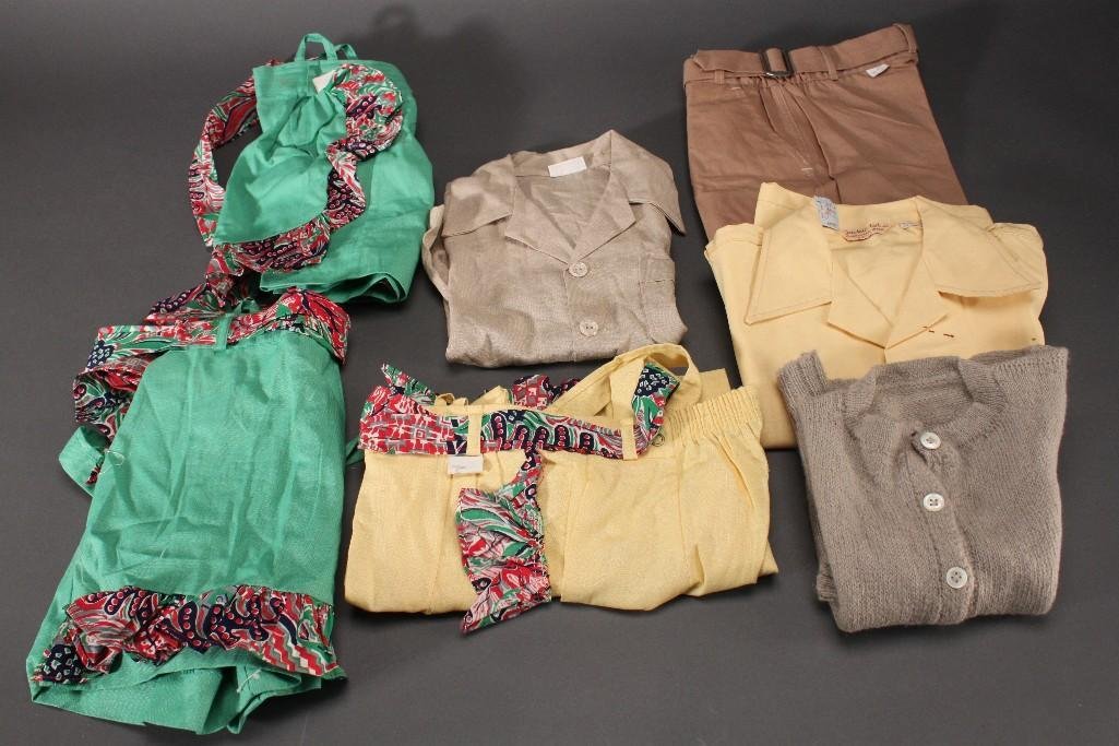 Children's Vintage Clothing: Three shorts with apron sets, trousers, sweater, and blouses.