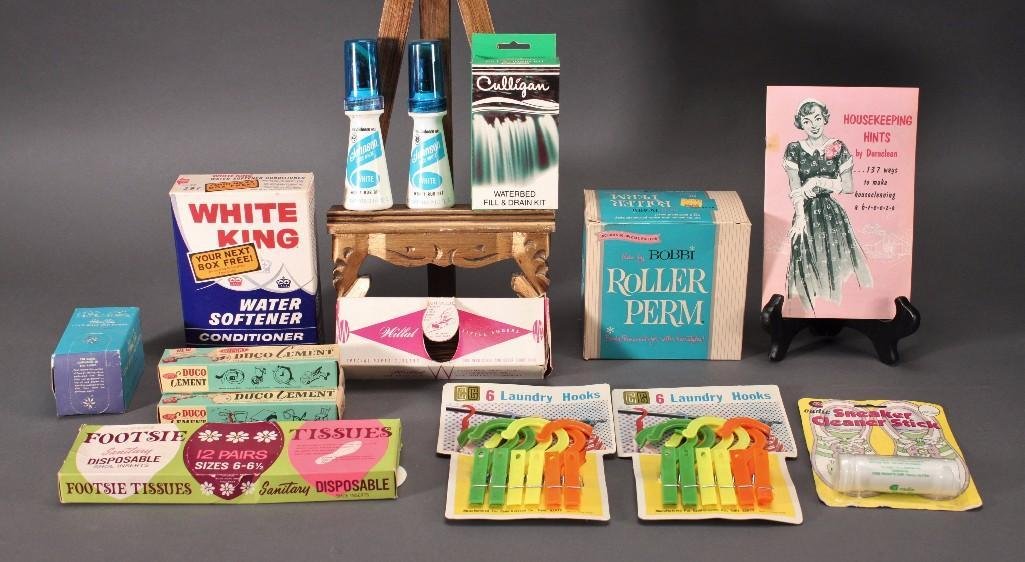 Vintage Personal Care Items: Footsie Tissues, Duco Cement, Sneaker Cleaner Stick, Johnson Shoe White, Roller Perm, and more.
