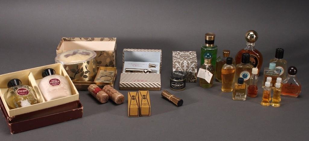 Vintage Cologne and Perfume: Perfumizer by DeVilbiss, Dante Leather Cologne, Avon Brocade Perfumed Skin Softener, Faberge Brut for men, and more. Some have been opened.