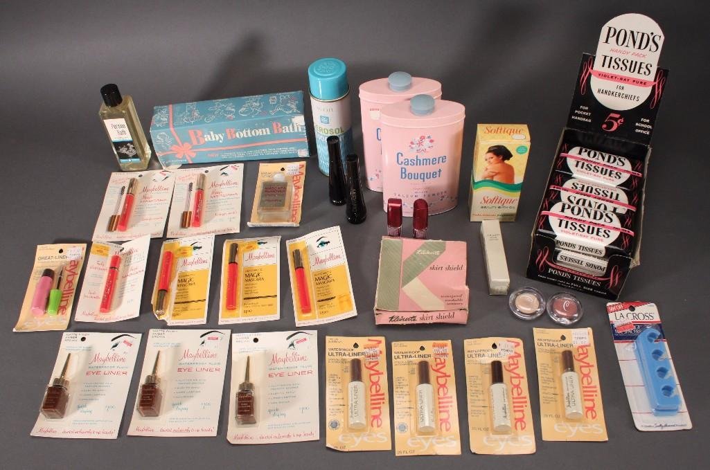 Personal Care Items: Maybelline mascaras, Cashmere Bouquet talcum powder, Softique Bath Oil, Baby Bottom Bath, Pond's Handy Pack tissues, and more.