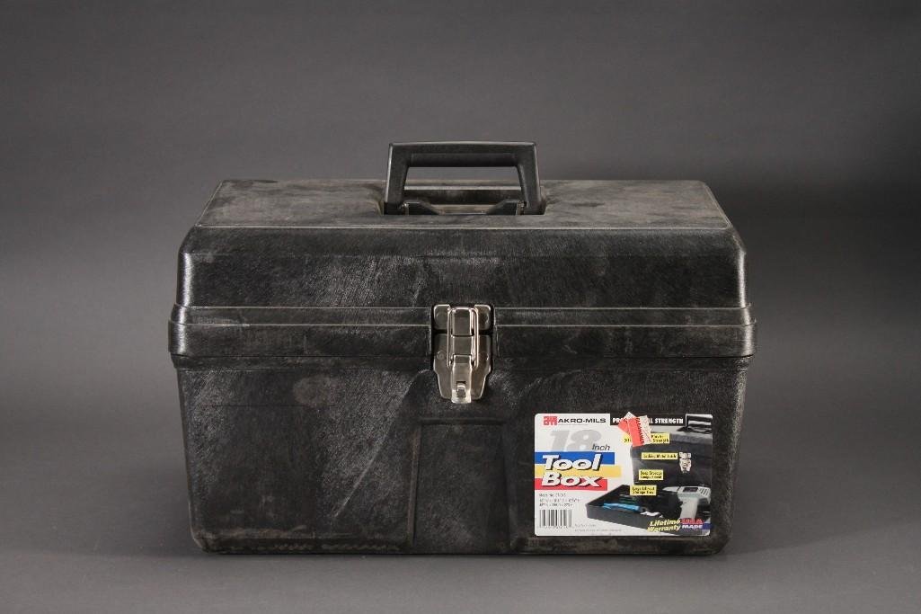 Plastic Toolbox with Contents: New and used tools include an electric engraver, wrench, wirecutters, drill bit set, and more.