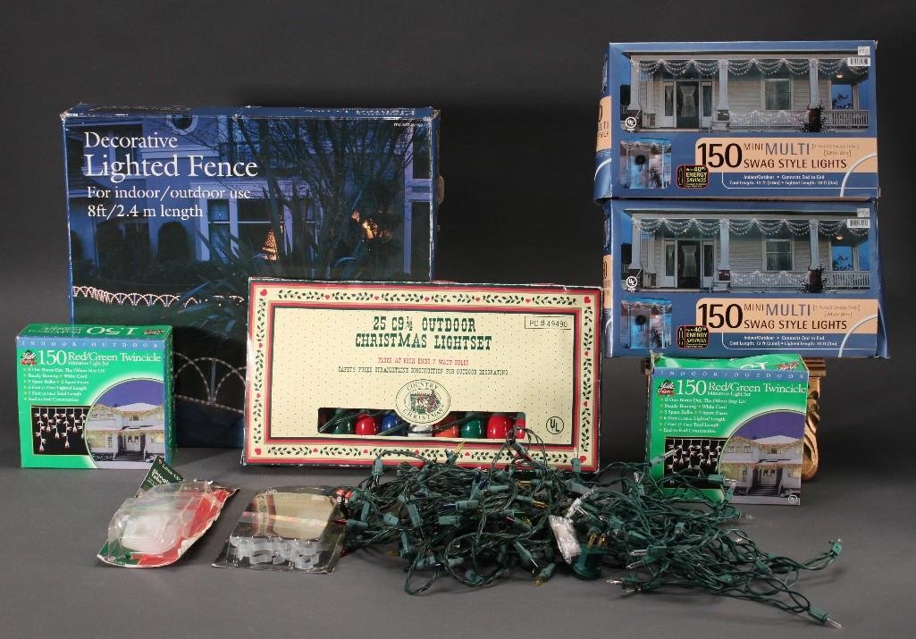 Christmas Lighting: Decorative 8 ft. lighted fence, two boxes of swag style lights, 150 red/green twincicle miniature light set (2 boxes), rope light clips, and more.