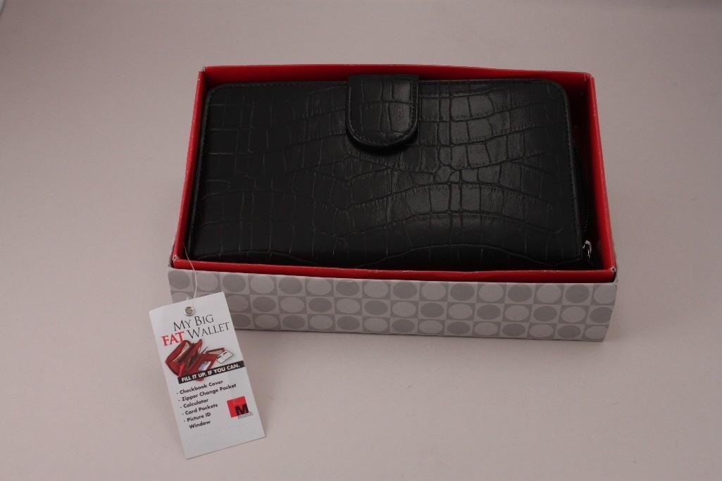 Mundi Black Leather Wallet: New with tags and box, checkbook cover, zipper change pocket, card pockets, and more.