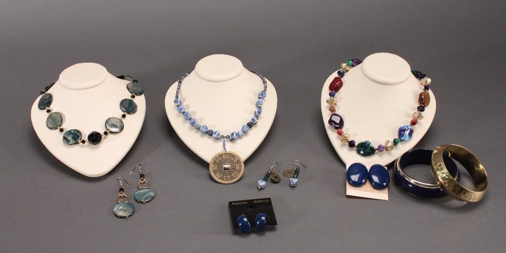 Ladies Costume Jewelry: Fashion Earrings with matching necklace, natural stone and beaded necklace, blue bangle bracelets, and more