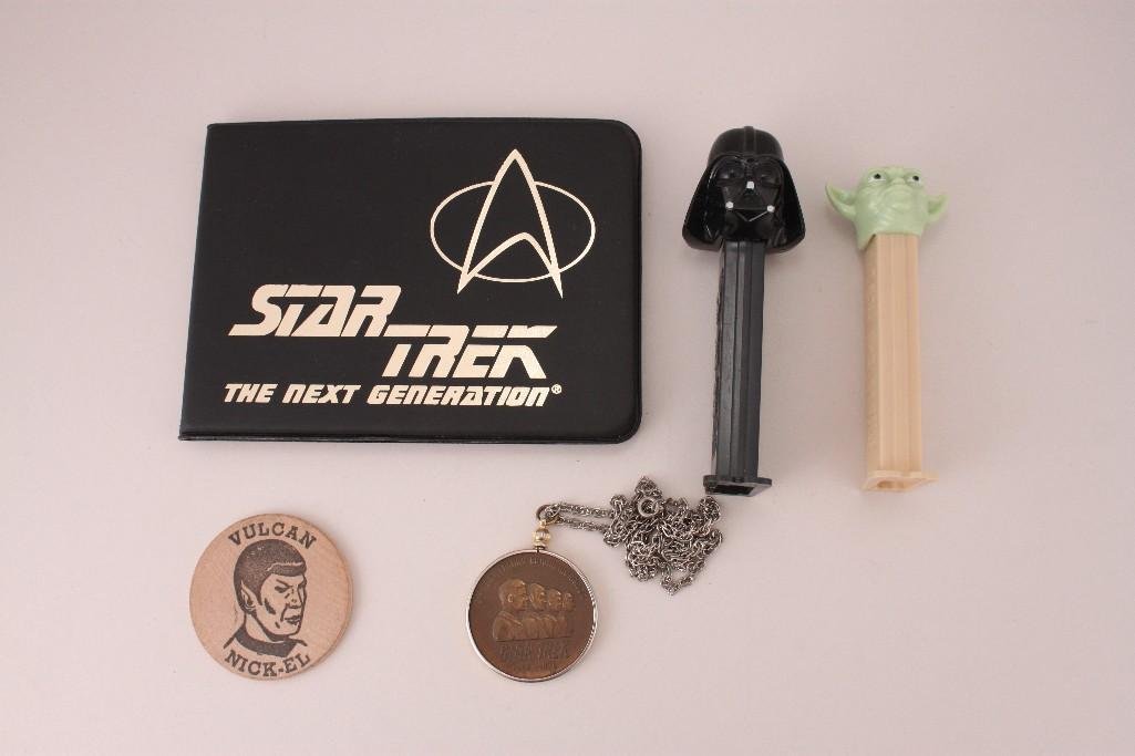 Star Trek and Star Wars Memorabelia (5): Star Wars Pez dispensers, Volcan Nick-El, Star Trek the Next Generation gold stamp with COA and numbered 7437, Star Trek necklacewith pendant, and more