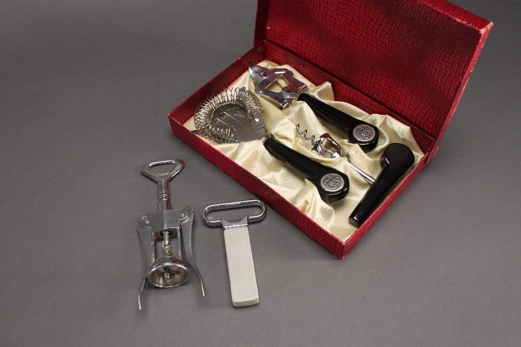 Barware Accessories (6): Bottle opener, corkscrew, strainer, and three piece set in box. Good condition.