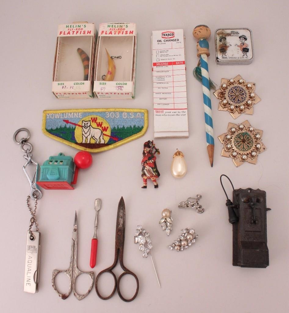 Assorted Collectibles: Two Helinsfly rod flat fish, wooden Asian pencil, Yowlumne patch, scissors, Texaco oil change cards, and more.