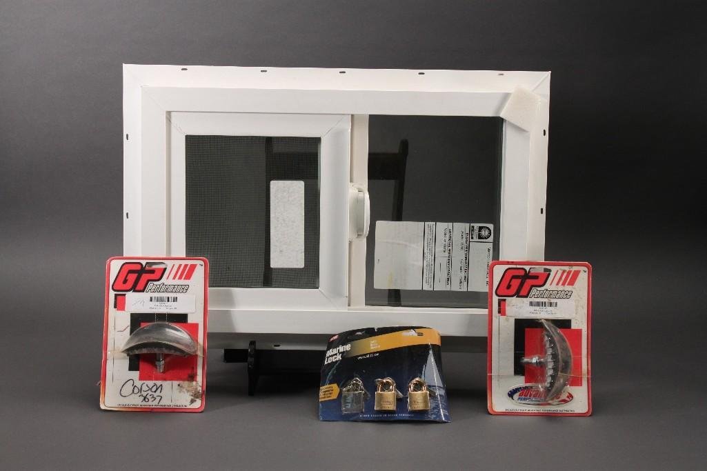 Window and Rim Locks (4): Two GP Performance rim locks, set of 3 marines locks and a white window with screen measuring at 25''x16.5''.