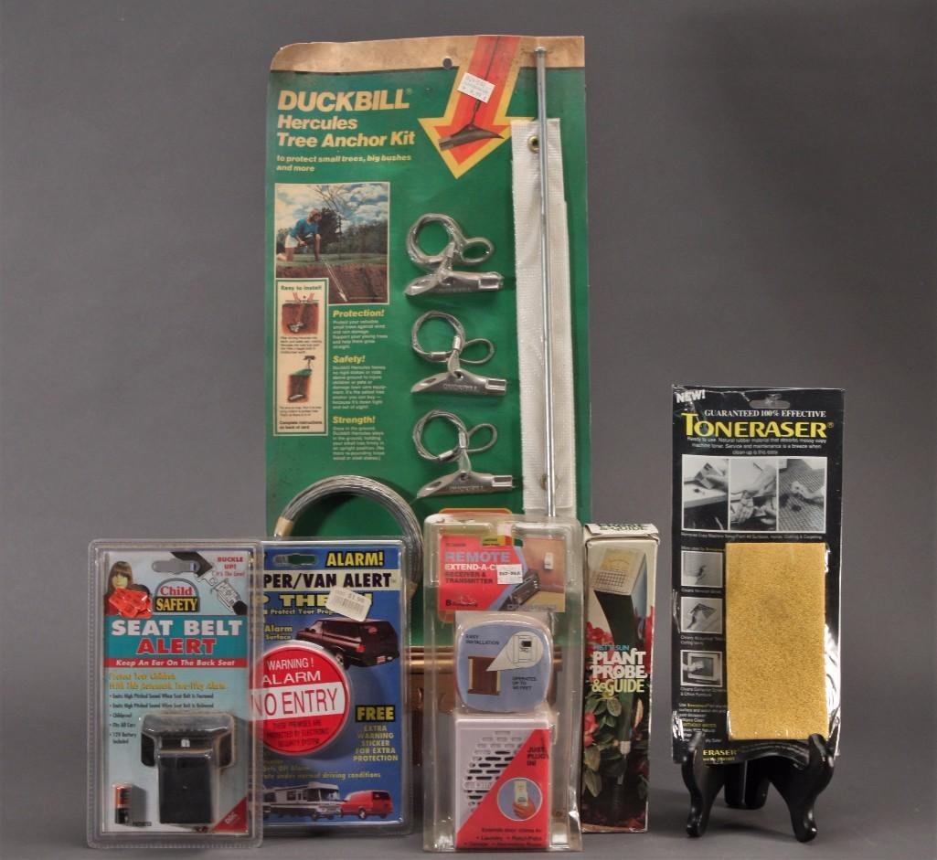 Home Goods: Duck Bill Hercules tree anchor kit, toneraser, instant RV/Camper alarm, plant probe, receiver and transmitter, and more. All items are new in original packaging.