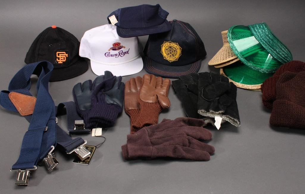 Assorted Hats and Gloves: Visors new with tags, American Leigon hat, black Isotoner gloves, brown beanie, navy suspenders, SF hat, and more. Items are in good condition.