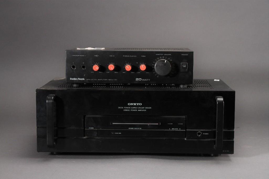 Amplifiers (2): Onkyo delta power supply circuit design stereo power amplifier model no M-1560 and a Radio Shack 20 watt MPA-31 amplifier.